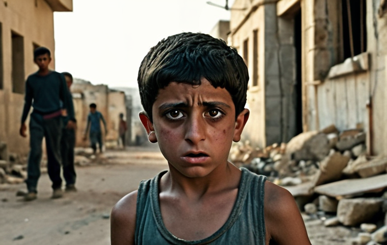 **

A still from "Capernaum," directed by Nadine Labaki. Focus on the emotional intensity and the gritty realism of children living in poverty in Lebanon. Capture Zain's determined expression and the harsh environment.

**