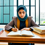 A professional young adult, fully clothed in modest, appropriate attire, sits attentively at a modern wooden desk. An open Arabic textbook and neatly organized notebooks are spread before them, illuminated by soft, professional lighting. The student's expression is one of deep focus, a moment of "aha!" as abstract, intricate geometric patterns subtly materialize around their head, symbolizing the breakthrough understanding of complex Arabic verb forms. The background is a clean, minimalist study space with a large window, conveying an atmosphere of clarity and intellectual discovery. safe for work, appropriate content, fully clothed, family-friendly, perfect anatomy, correct proportions, natural pose, well-formed hands, proper finger count, natural body proportions, high-quality.