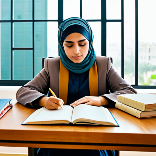 Home 6 A professional young adult, fully clothed in modest, appropriate attire, sits attentively at a modern wooden desk. An open Arabic textbook and neatly organized notebooks are spread before them, illuminated by soft, professional lighting. The student's expression is one of deep focus, a moment of "aha!" as abstract, intricate geometric patterns subtly materialize around their head, symbolizing the breakthrough understanding of complex Arabic verb forms. The background is a clean, minimalist study space with a large window, conveying an atmosphere of clarity and intellectual discovery. safe for work, appropriate content, fully clothed, family-friendly, perfect anatomy, correct proportions, natural pose, well-formed hands, proper finger count, natural body proportions, high-quality.