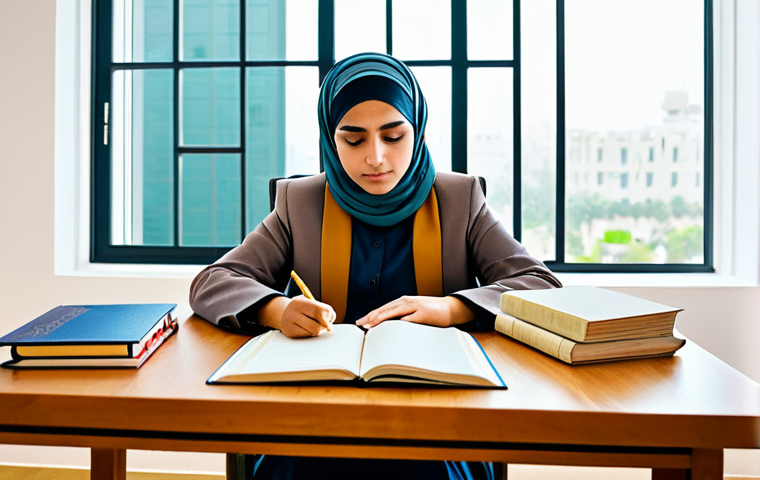 A professional young adult, fully clothed in modest, appropriate attire, sits attentively at a modern wooden desk. An open Arabic textbook and neatly organized notebooks are spread before them, illuminated by soft, professional lighting. The student's expression is one of deep focus, a moment of "aha!" as abstract, intricate geometric patterns subtly materialize around their head, symbolizing the breakthrough understanding of complex Arabic verb forms. The background is a clean, minimalist study space with a large window, conveying an atmosphere of clarity and intellectual discovery. safe for work, appropriate content, fully clothed, family-friendly, perfect anatomy, correct proportions, natural pose, well-formed hands, proper finger count, natural body proportions, high-quality.