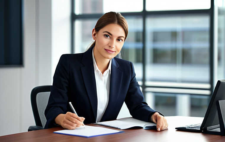 아랍어 레스토랑 주문 방법 - Businesswoman in a Modern Office**
A professional businesswoman in a modest business suit, sitting ...