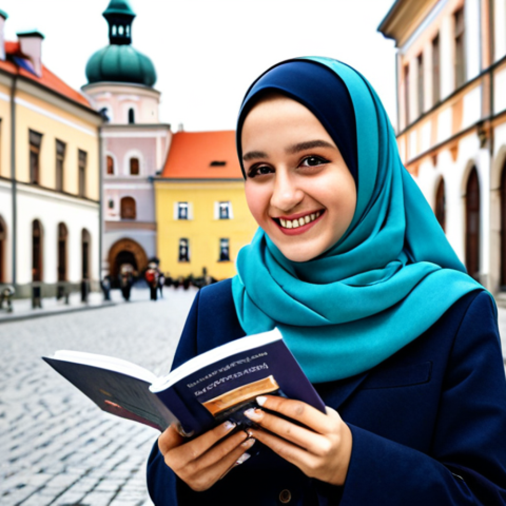 아랍어 작문 기초 - "A young Polish woman wearing a modest, stylish hijab in Warsaw's Old Town, near the Royal Castle. S...