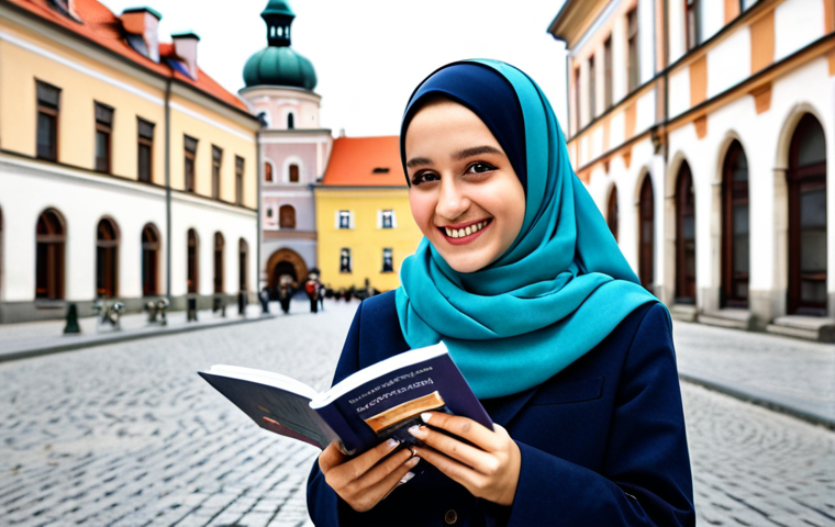 아랍어 작문 기초 - "A young Polish woman wearing a modest, stylish hijab in Warsaw's Old Town, near the Royal Castle. S...