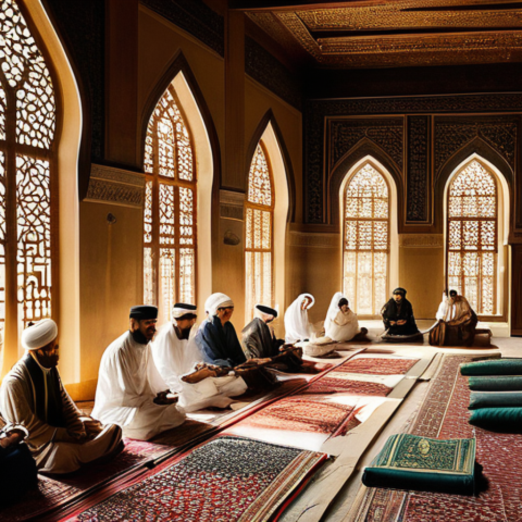 아랍어 코란 해석 - **Image Prompt: Ancient Tafsir Scholars in a Historic Setting**
A highly detailed, historical il...