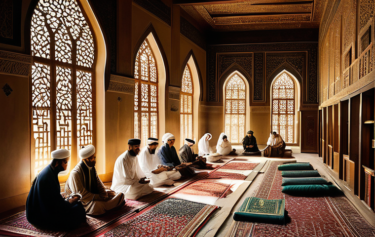 아랍어 코란 해석 - **Image Prompt: Ancient Tafsir Scholars in a Historic Setting**
    A highly detailed, historical il...
