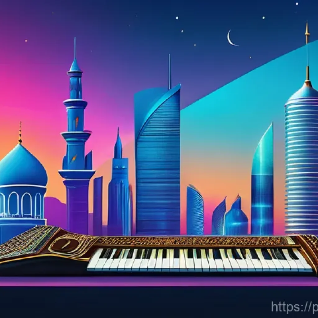 아랍어 팝송 인기곡 - **Prompt 1: Melodic Fusion of Eras**
A highly detailed, vibrant illustration depicting the harmo...