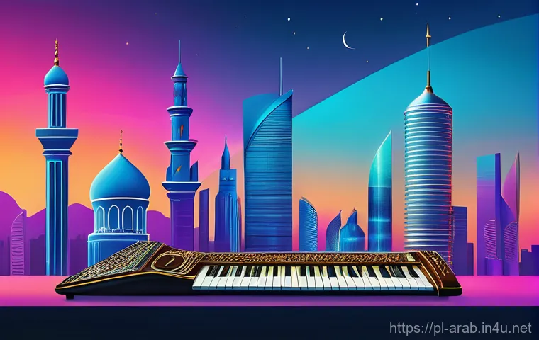 아랍어 팝송 인기곡 - **Prompt 1: Melodic Fusion of Eras**
    A highly detailed, vibrant illustration depicting the harmo...
