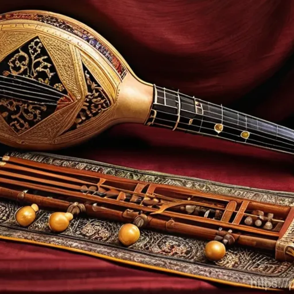 아랍어권에서의 전통 음악 - **A highly detailed, photorealistic image of a collection of traditional Middle Eastern musical inst...