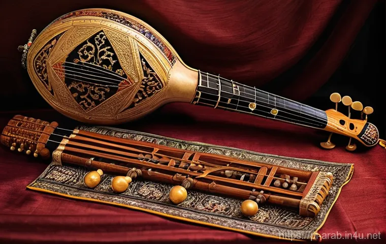 아랍어권에서의 전통 음악 - **A highly detailed, photorealistic image of a collection of traditional Middle Eastern musical inst...