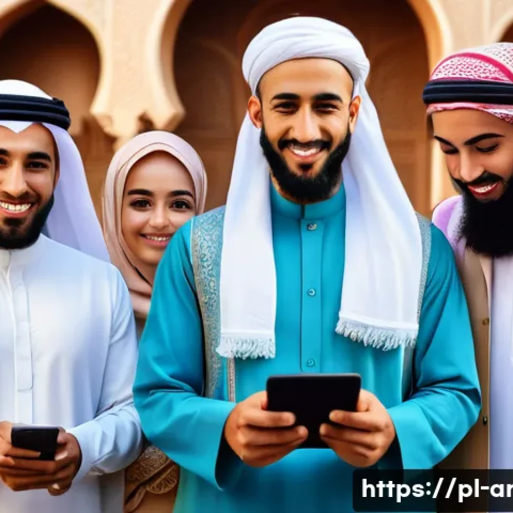 아랍어권에서 소셜미디어 활용법 - A vibrant social media gathering in an Arab urban setting, featuring diverse men and women dressed i...