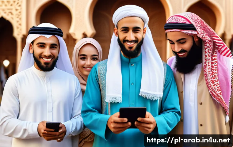 아랍어권에서 소셜미디어 활용법 - A vibrant social media gathering in an Arab urban setting, featuring diverse men and women dressed i...