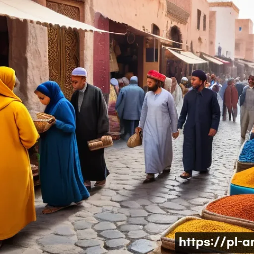 아랍어권에서 사용되는 다른 언어 - A vibrant street market scene in Morocco showcasing everyday life with diverse linguistic influences...