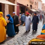 아랍어권에서 사용되는 다른 언어 - A vibrant street market scene in Morocco showcasing everyday life with diverse linguistic influences...