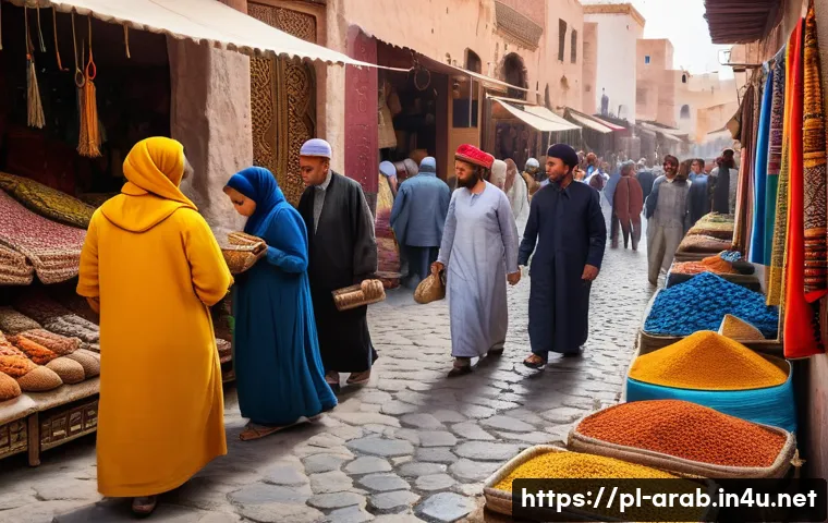 아랍어권에서 사용되는 다른 언어 - A vibrant street market scene in Morocco showcasing everyday life with diverse linguistic influences...