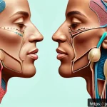 아랍어 자음과 모음 - A detailed educational illustration of Arabic consonant articulation showing a side profile of a hum...