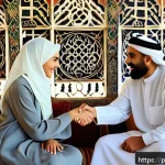 아랍어 문화권에서의 예절 - A warm and respectful greeting scene in an Arab cultural setting: two adults, a man and a woman, bot...