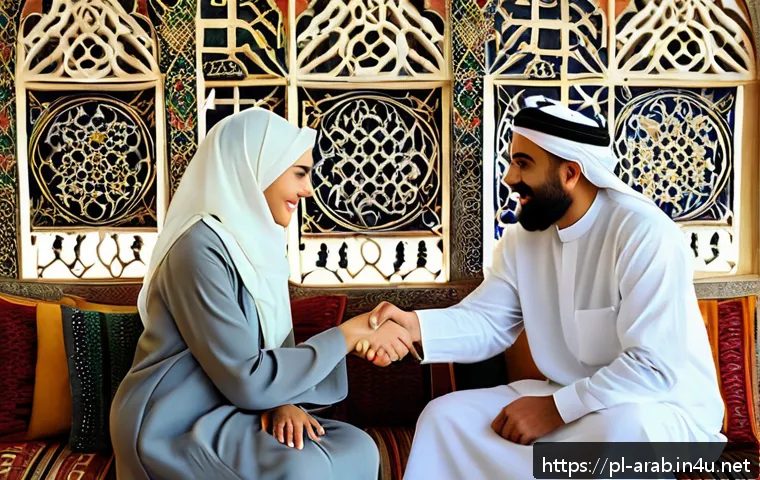 아랍어 문화권에서의 예절 - A warm and respectful greeting scene in an Arab cultural setting: two adults, a man and a woman, bot...