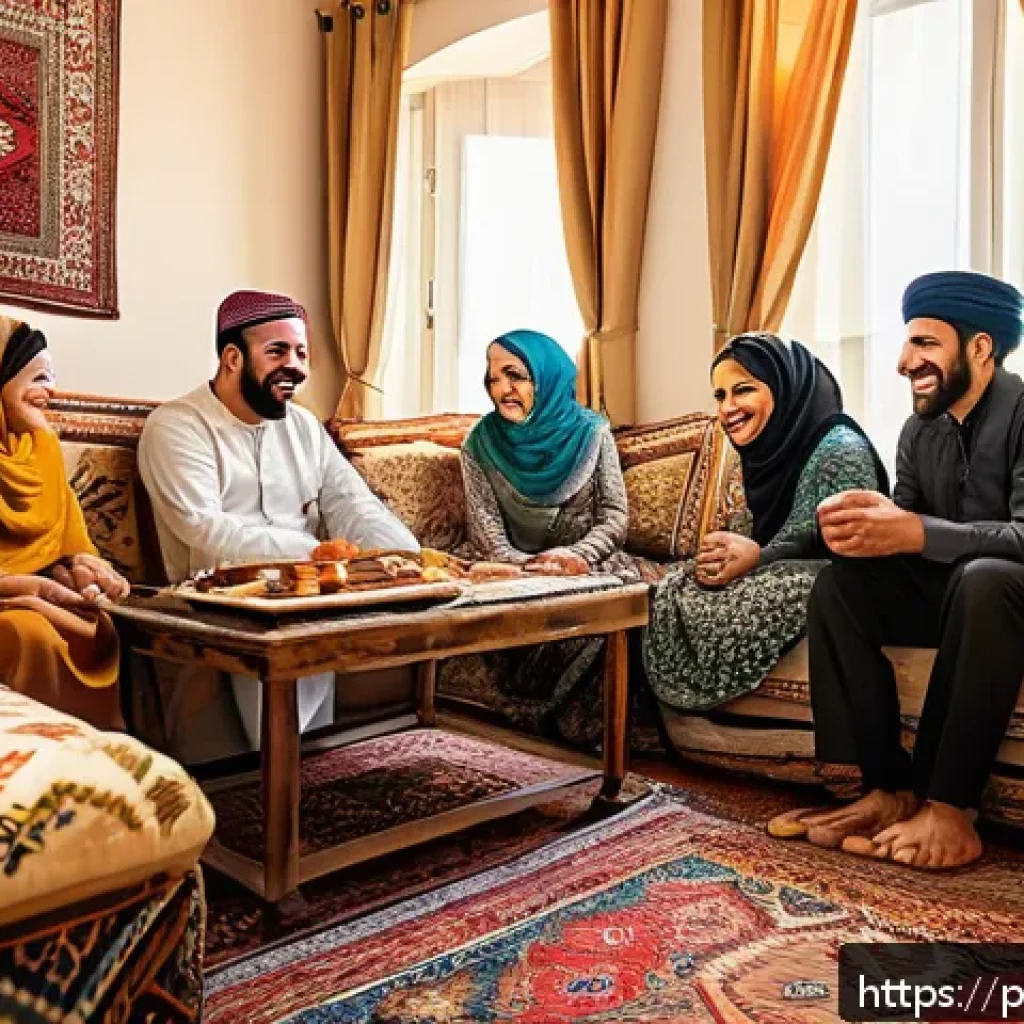 아랍어 유머와 농담 - A vibrant Middle Eastern family gathering in a traditional living room, featuring men and women dres...