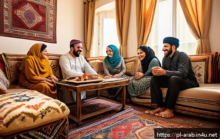 아랍어 유머와 농담 - A vibrant Middle Eastern family gathering in a traditional living room, featuring men and women dres...
