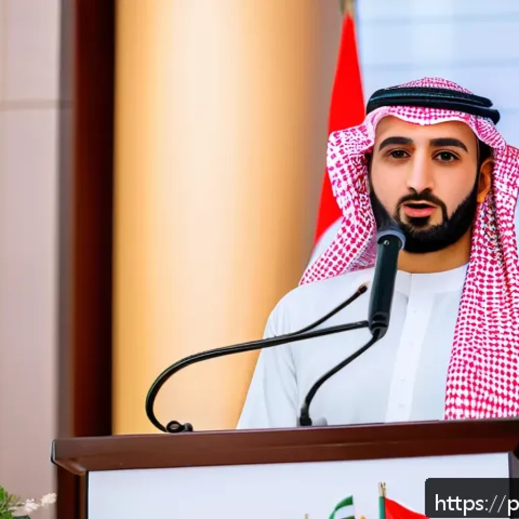 아랍어 연설문 작성 - A distinguished Arab male speaker delivering a formal speech at a business conference in Dubai, wear...