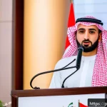 아랍어 연설문 작성 - A distinguished Arab male speaker delivering a formal speech at a business conference in Dubai, wear...
