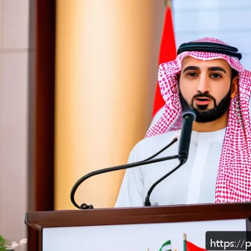 아랍어 연설문 작성 - A distinguished Arab male speaker delivering a formal speech at a business conference in Dubai, wear...