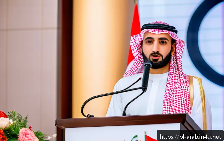 아랍어 연설문 작성 - A distinguished Arab male speaker delivering a formal speech at a business conference in Dubai, wear...